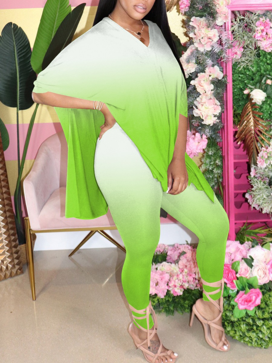 

lovely Casual V Neck Gradient Green Two Piece Pants Set