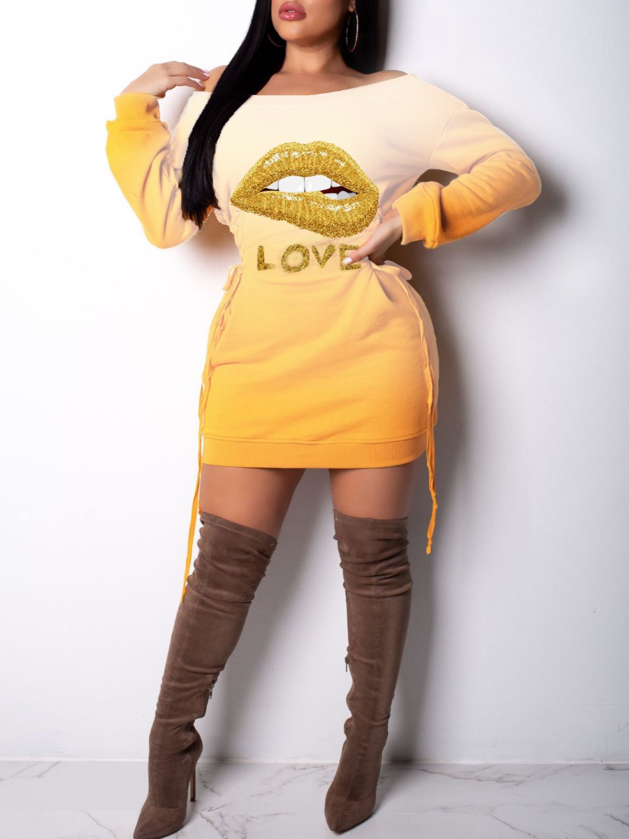 

lovely Street Lip Print Gradient Yellow Mini Dress