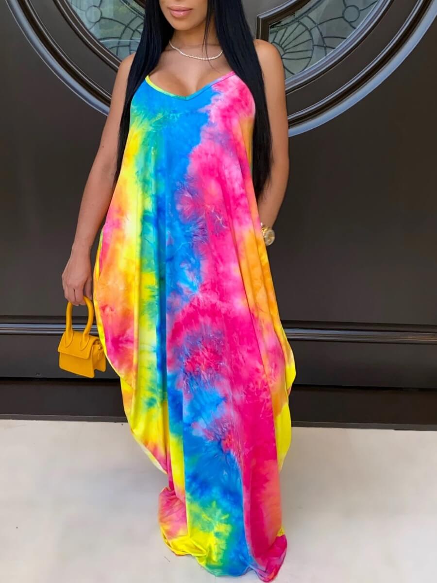 

LW Bohemian Spaghetti Strap Tie-dye Blue Maxi Dress