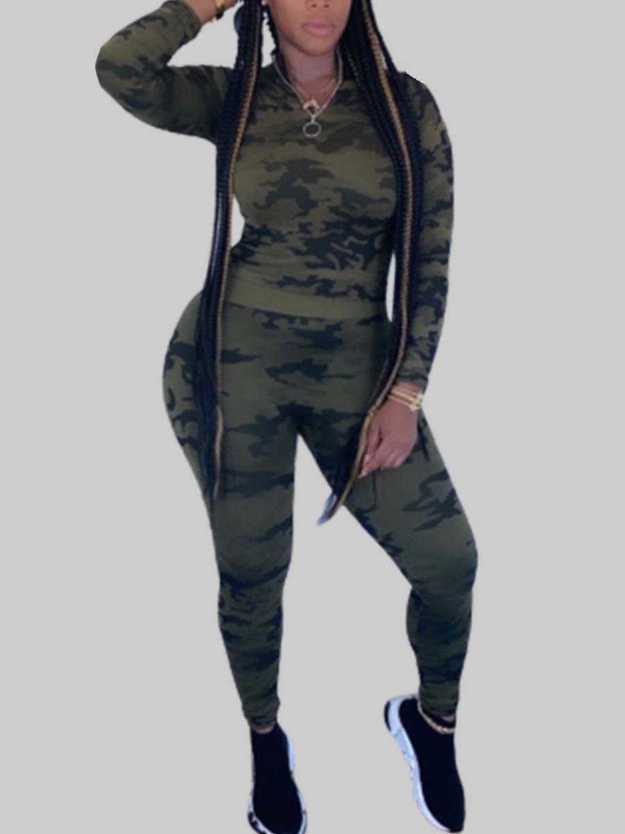 

lovely Stylish Camo Print Army Green Plus Size Two-piece Pants Set