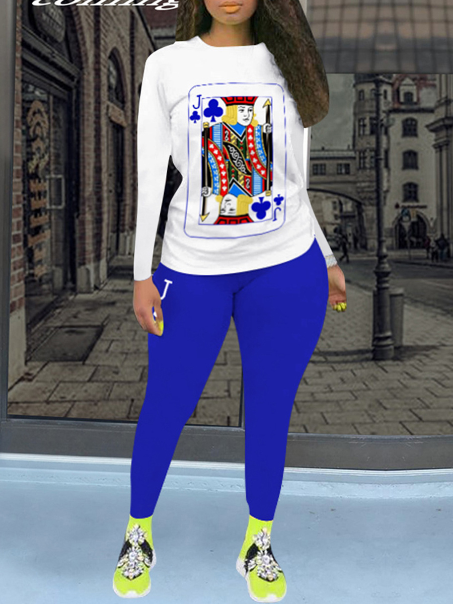 

Lovely Casual O Neck Print Blue Plus Size Two-piece Pants Set