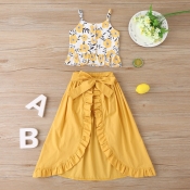 lovely Stylish Plants Print Yellow Girl Two-piece 