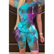 lovely Trendy Tie Dye Hollow-out Skyblue Two Piece