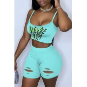 Lovely Sportswear Letter Print Blue Two-piece Shor