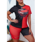 lovely Casual O Neck Print Patchwork Black Two Pie