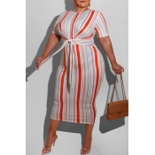 lovely Leisure O Neck Pinstripe Orange Mid Calf Pl