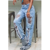 lovely Casual Hollow-out Baby Blue Plus Size Jeans