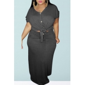 lovely Casual Buttons Design Grey Plus Size Two-pi