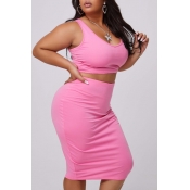lovely Casual O Neck Sleeveless Pink Plus Size Two