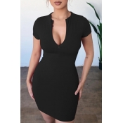 lovely Sportswear Zipper Design Black Mini Dress