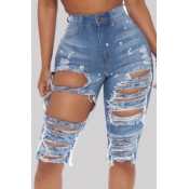 Lovely Street Hollow-out Blue Denim Shorts