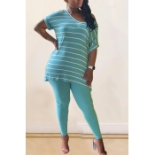 lovely Leisure V Neck Striped Blue Plus Size Two-p