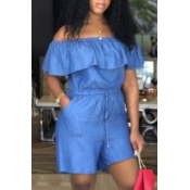 Lovely Stylish Dew Shoulder Flounce Design Blue De