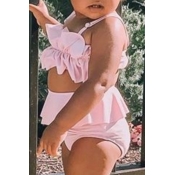 lovely Flounce Design Pink Girl Two-piece Swimsuit