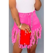 Lovely Stylish Tassel Design Pink Denim Shorts