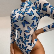 Lovely Sexy Butterfly Print Blue Bodysuit