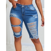 lovely Casual Hollow-out Baby Blue Denim Shorts
