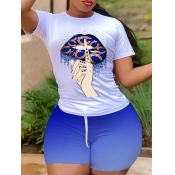 lovely Casual O Neck Lip Print Blue Two Piece Shor