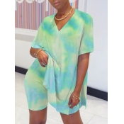 lovely Street V Neck Tie Dye Side Slit Blue Two Pi