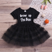 Lovely Casual O Neck Letter Print Black Girl Knee 
