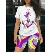 lovely Leisure O Neck Tie Dye Purple Two Piece Sho
