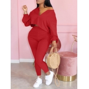 lovely Casual Zipper Design Red Plus Size Two-piec