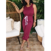 Lovely Casual O Neck Lace-up Wine Red One-piece Ju