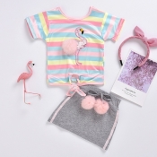 lovely Casual Rainbow Striped Grey Girl Two-piece 