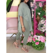 Lovely Casual V Neck Side Slit Light Green Two Pie