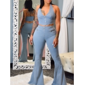 LW Trendy Zipper Design Baby Blue Denim Two Piece 