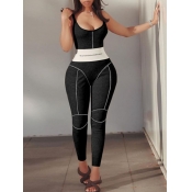 lovely Sportswear U Neck Patchwork Black One-piece