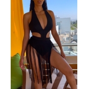 lovely Cut-Out Tassel Design Black One-piece Swims
