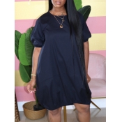 LW Casual O Neck Loose Dark Blue Knee Length Dress