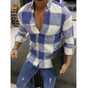 Men lovely Stylish Turndown Collar Grid Print Blue