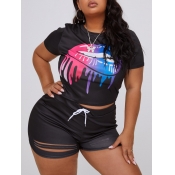 lovely Casual Lip Print Black Plus Size Two-piece 