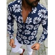 Men lovely Trendy Turndown Collar Floral Print Nav