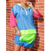 Lovely Casual Hooded Collar Patchwork Blue Knee Le