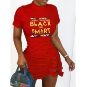 Lovely  Casual Letter Print Red Mini Plus Size Dre