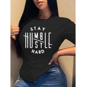 LW Leisure O Neck Letter Print Black T-shirt