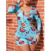 Lovely Leisure Lip Print Skyblue One-piece Romper