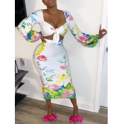 lovely Trendy Knot Plants Print White Two Piece Sk