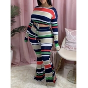 lovely Casual Rainbow Striped Green Plus Size Two-