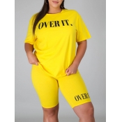 lovely Casual O Neck Letter Print Yellow Plus Size