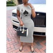 LW Casual O Neck Print Grey Mid Calf Dress