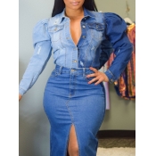 LW Street Turndown Collar Patchwork Deep Blue Deni