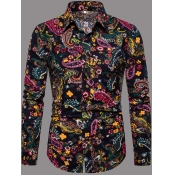 Men lovely Bohemian Turndown Collar Print Black Sh
