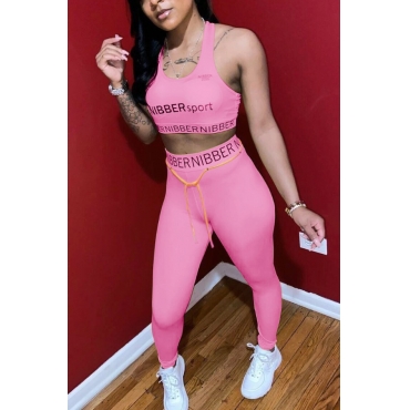 

LW Sportswear Letter Print Pink Two Piece Pants Set