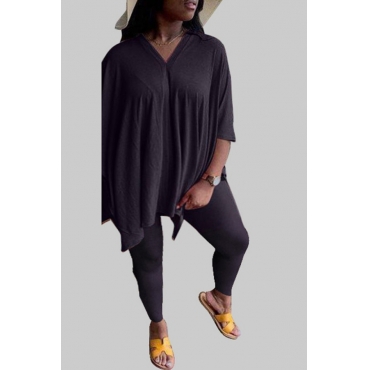 

LW BASICS Plus Size Leisure V Neck Black Pants Set