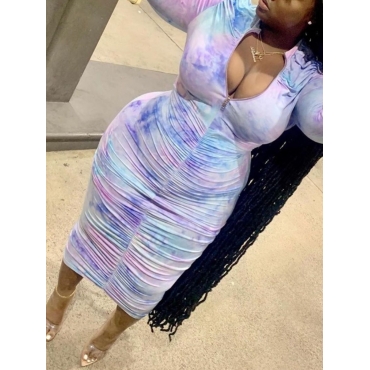 

LW Plus Size Tie-dye Zipper Design Dress, Blue