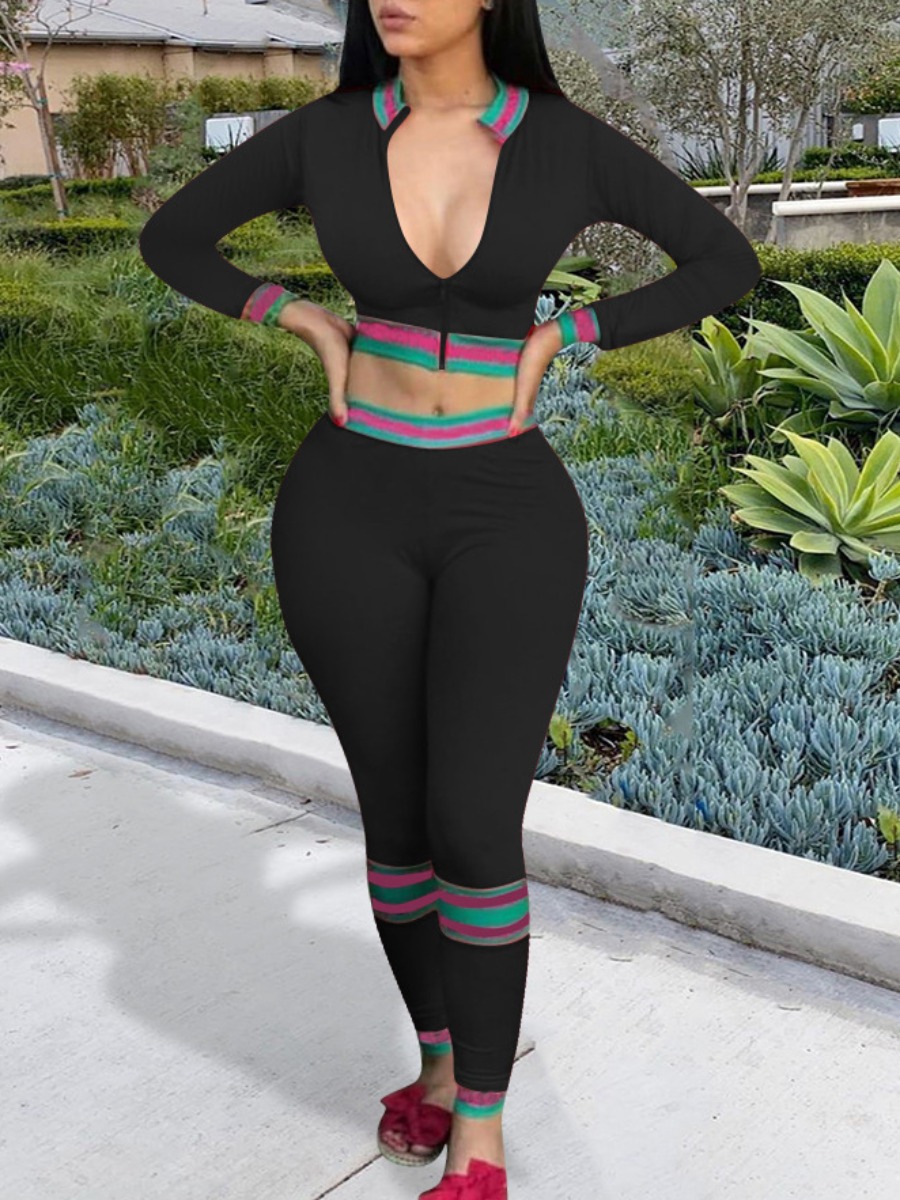 

lovely Sportswear Patchwork Zipper Design Black Two Piece Pants Set
